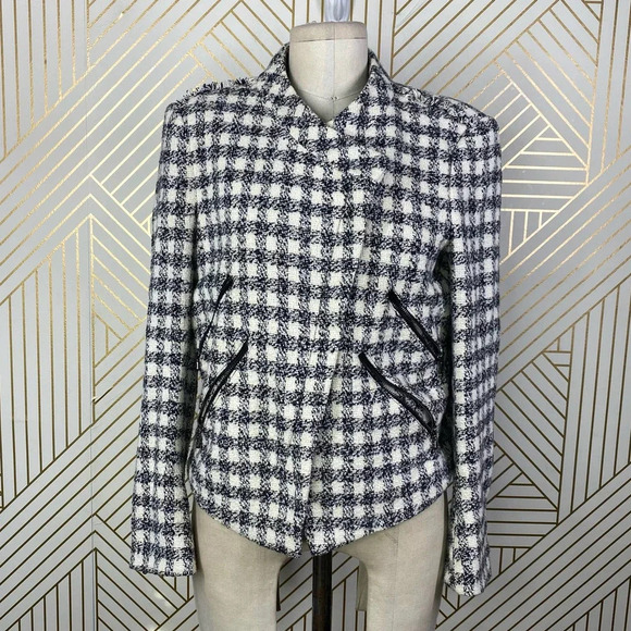 Zara Basic Checker Plaid Tweed Moto Jacket in Black‎ & Cream Size US Medium - Picture 1 of 12